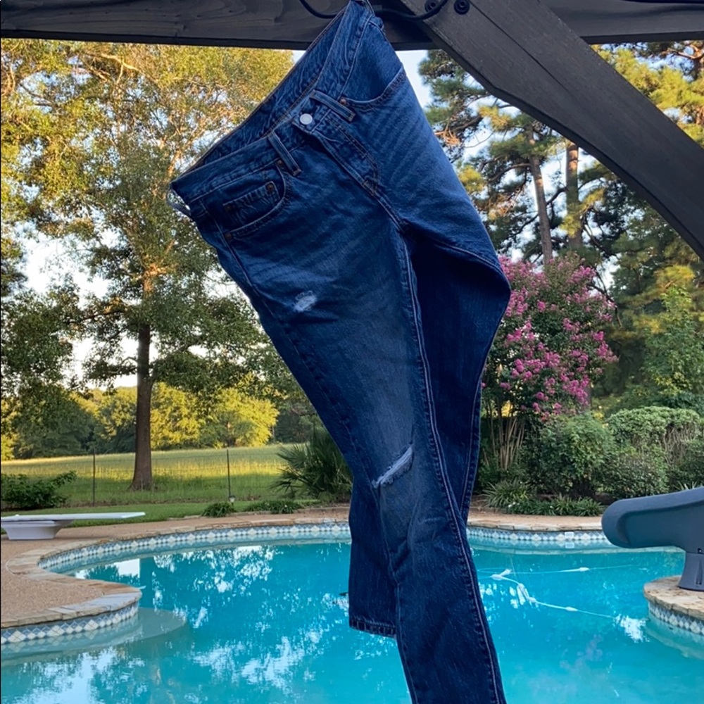 Button fly, straight leg boyfriend jeans